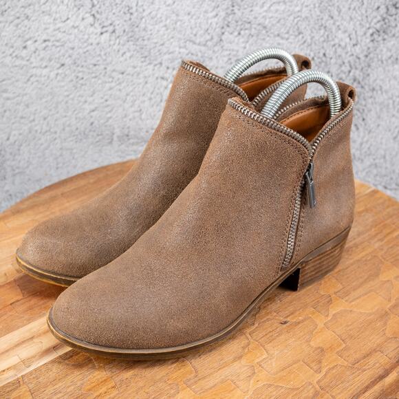 Lucky Brand Bartalino 7 M Dual Side Zip Up Tan Suede Leather Ankle Booties Boots - Picture 3 of 5
